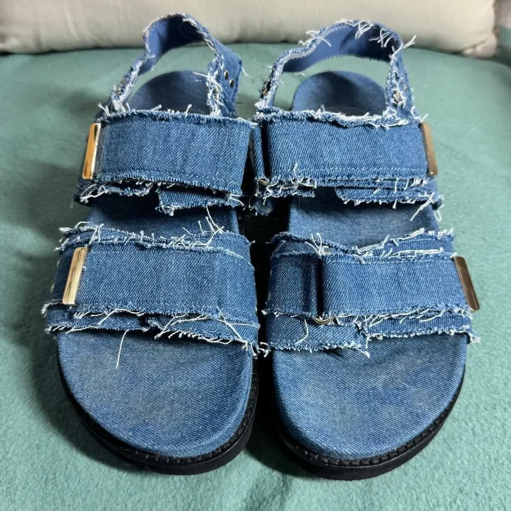 MINT VELVET Denim Raw Edge Sandals Women EU39 US8.5 Blue Platform Grunge Boho